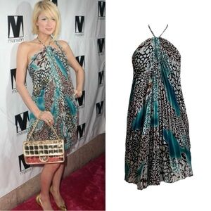 Teal Leopard Pleated Halter Dress As Seen On Paris Hilton